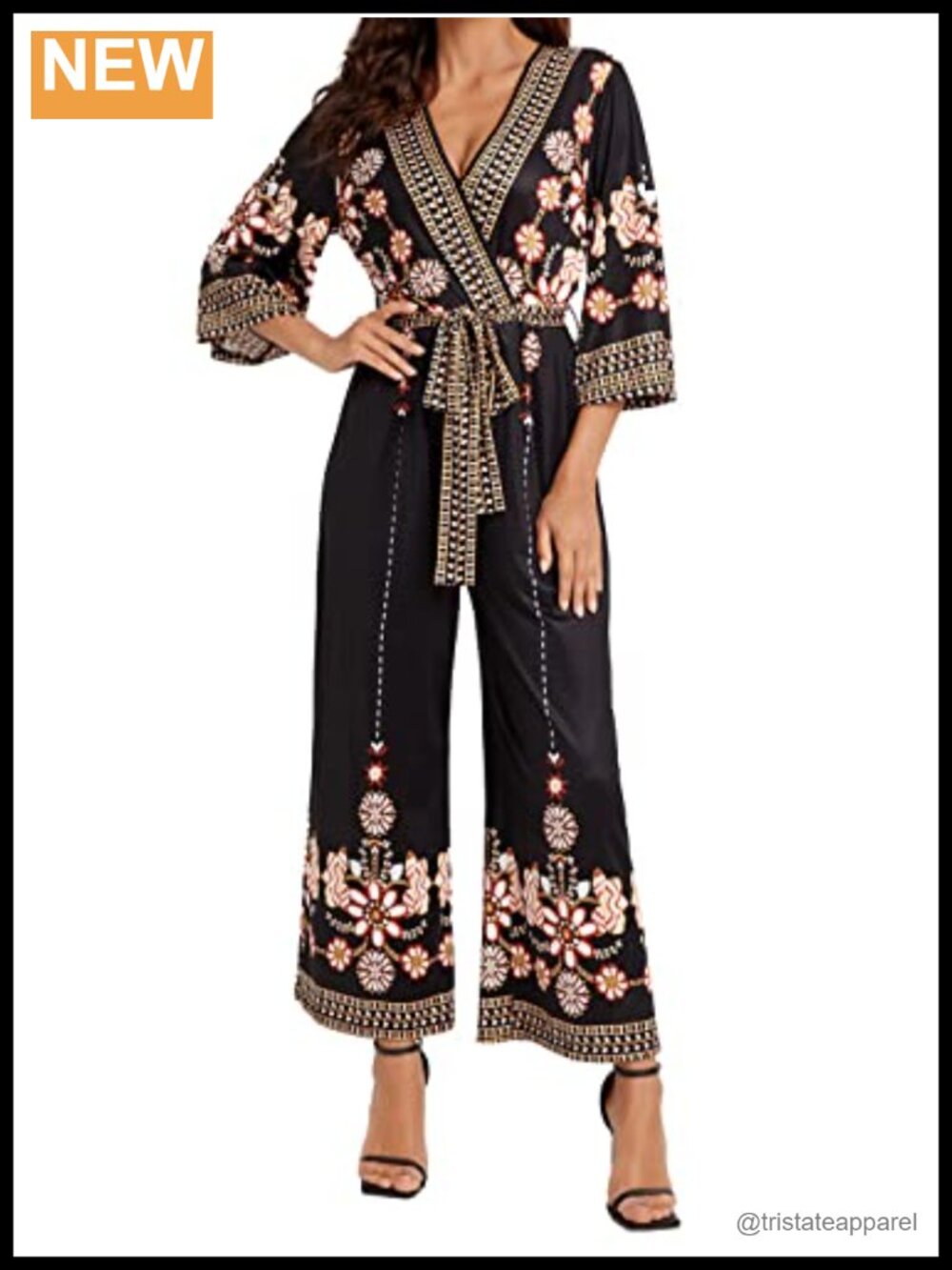 Women's Boho Floral High Waist Belted Wide Leg Jumpsuit Culotte